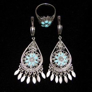Vintage Turquoise Silver Earrings and Ring Jewelry Set. Made in Thailand.